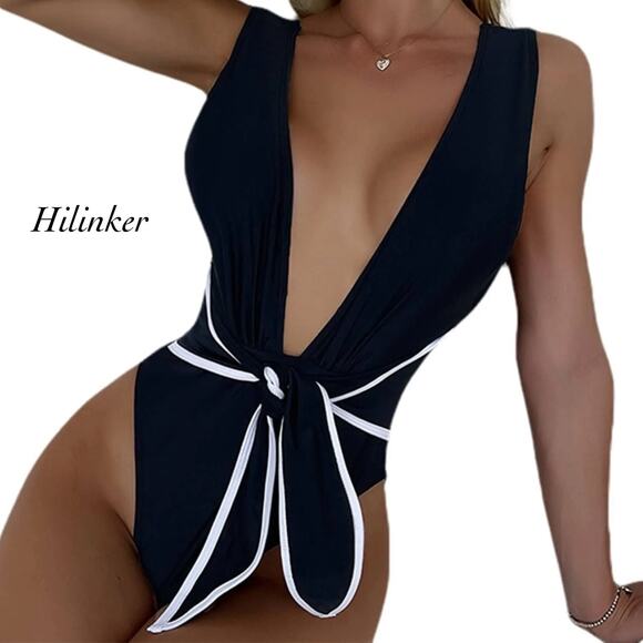Hilinker Black Deep V White Trim Tie Bow Waist One Piece Swimsuit NWT Size S - Picture 1 of 12